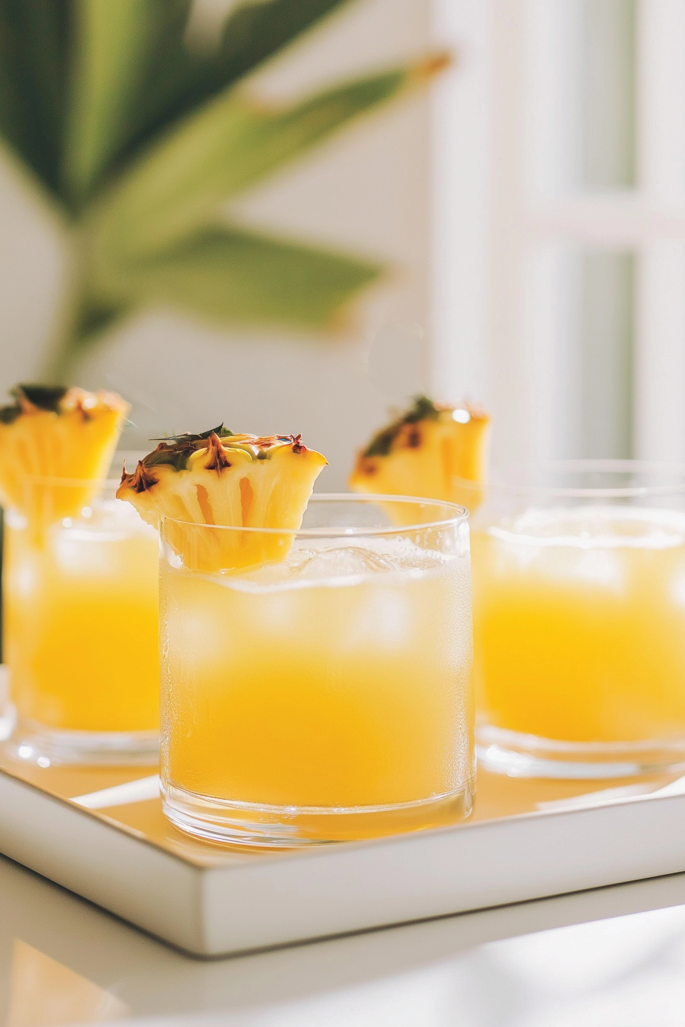 Three glasses of orange juice with pineapple slices on a white tray.