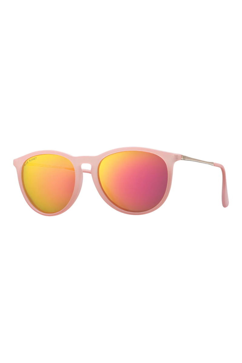 Pink sunglasses with reflective lenses on a white background