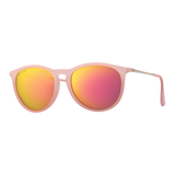 Pink sunglasses with reflective lenses on a white background