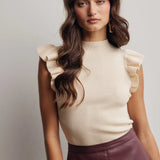 Ruffle Sleeve Mock Neck Ribbed Knit Top