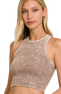 WASHED RIBBED SEAMLESS HIGH-NECK CROPPED TANK TOP | ASH PINK